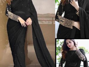 3 Pcs Women’s Silk Sequins Stitched Saree