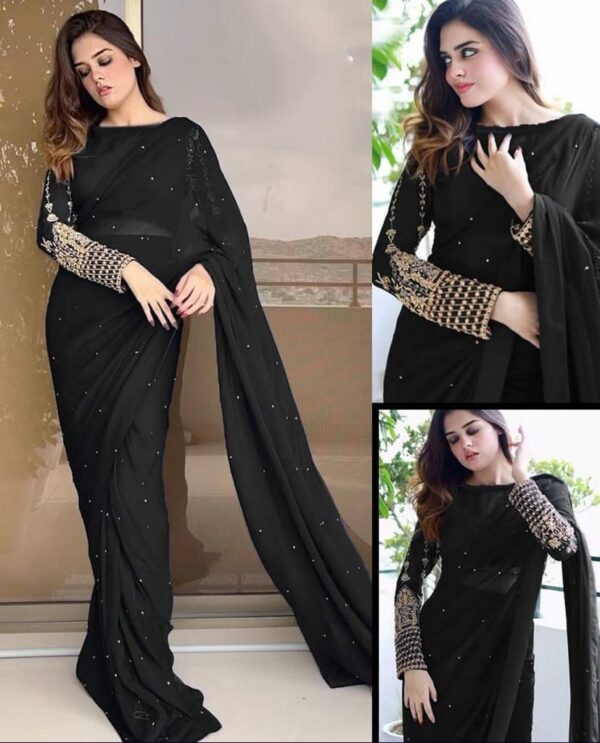 3 Pcs Women’s Silk Sequins Stitched Saree