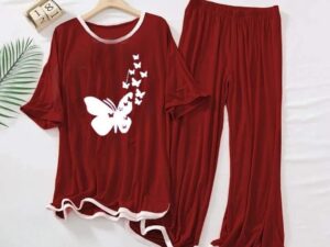 2 Pcs Butterfly Printed Printed Fleece Night Suit for Women