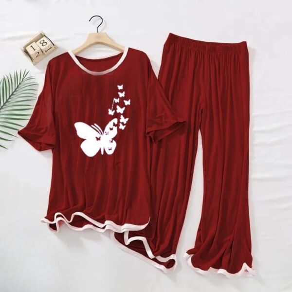 2 Pcs Butterfly Printed Printed Fleece Night Suit for Women