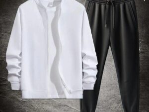 Stylish Men's Zipper Track Suit - 2 Pcs Polyester, Plain Design