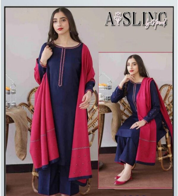 3 Pcs Women's Unstitched Dhanak Embroidered Suit